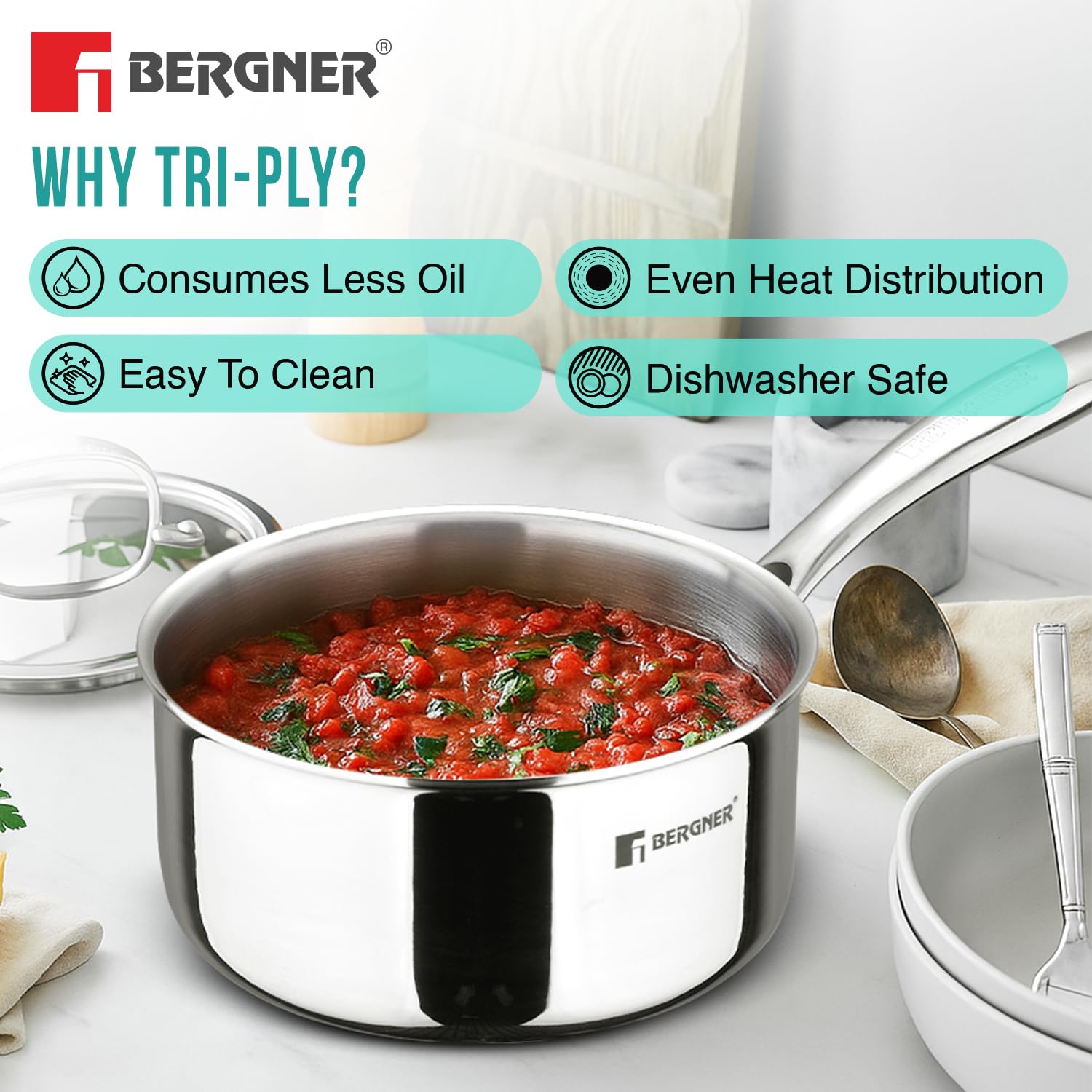 Bergner Argent TriPly Stainless Steel Saucepan with Stainless Steel Lid, Stay Cool Cast Handle, Food Safe, Less Oil Use, Durable, Healthy Cooking - Induction and Gas Stove Ready